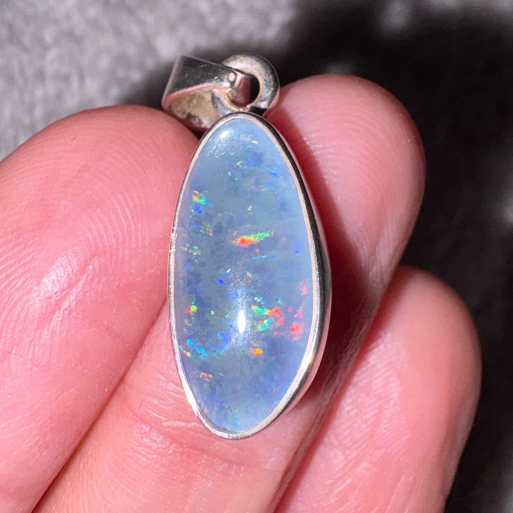 Periwinkle/ Grey Blue Opal Pendant In Sterling Silver Setting, Multi Color Flash